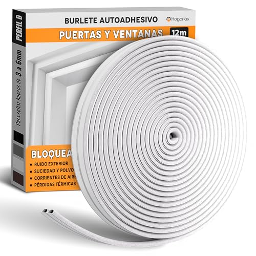 HOGARLAX 12M - Burlete Puerta Entrada, Burlete Ventana, Junta de Goma Adhesiva, Aislante Térmico Ventanas y Puertas, Aislante Acústico - Tira de Sellado Autoadhesivo para Huecos de 3 a 6 mm (Blanco)
