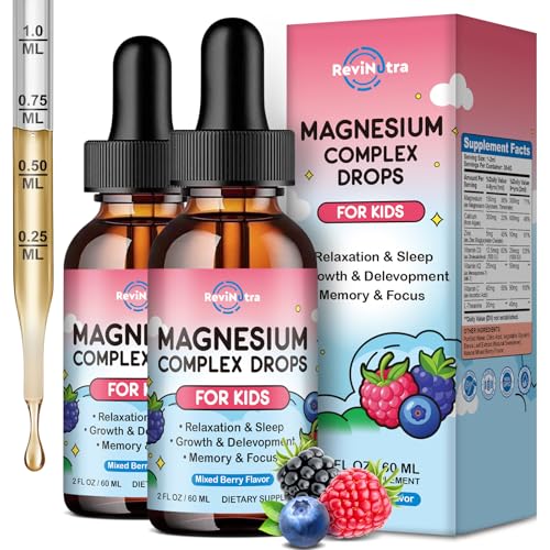 Image of (2 Pack) Magnesium Glycinate Liquid for Kids, Kids Magnesium Liquid Drops Supplement with L-Theanine, Calcium, Zinc, Vitamin D3 K2 for Sleep Calm Relaxation Brain Bones, Mixed Berry Flavor 4 Fl Oz