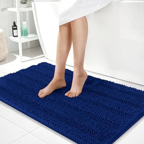 Image of OLANLY Thick Large Bathroom Rugs 40x24, Extra Soft Absorbent Chenille Striped Bath Rugs, Rubber Backing, Machine Wash Dry, Bath Mats for Bathroom Floor, Tub and Shower, Home Decor Accessories, Navy