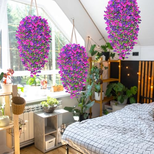 TOCHGREEN Artificial Fake Hanging Flowers Plants for Outdoor Decoration 4PCS Faux Silk Morning Glory Flowers UV Resistant Hanging Plants for Home Porch Patio Garden Decor (Purple F image 8