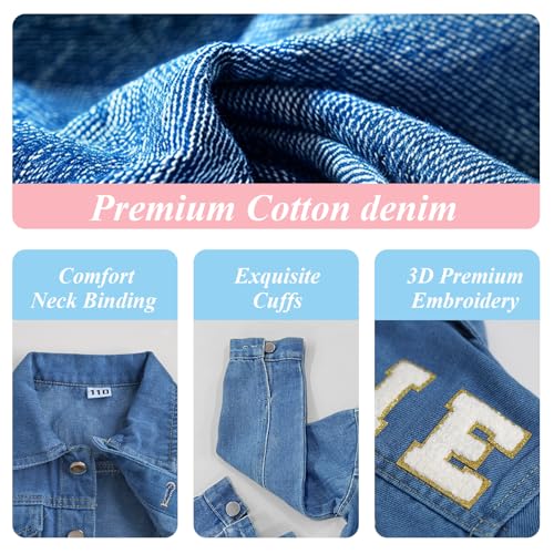 Personalized Kids Denim Jacket with Name and Multiple Element Patches, Back to School Outfits for Girls and Boys, Customized Name Outerwear Birthday Gift for Girls Boy Baby Shower, Toddler Clothes 1-84