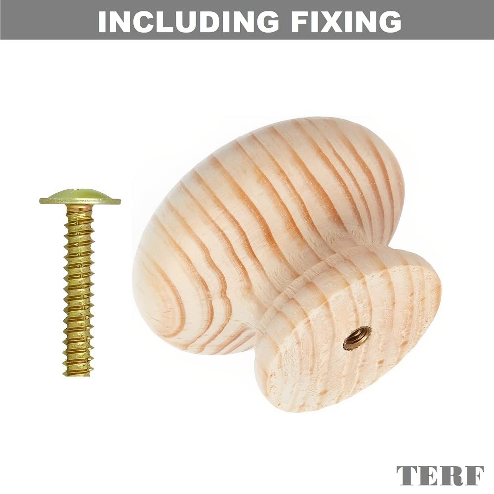 TERF® Traditional Unlacquered Pine Wooden Cupboard Cabinet Door Knob 40mm Chest Drawer Cupboard Kitchen Wardrobe Door Pull Handle Knobs with Fixing Screw for Use Home and Office - Image 2