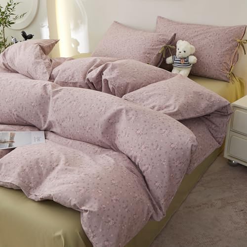 Image of Purple Floral Comforter Set Queen, 3 Pieces Cottagecore Aesthetic Cute Flowers Comforter Set for All Seasons, Coquette Floral Mauve Bedding Vintage Botanical Comforter with 2 Bow Ties Pillowcases