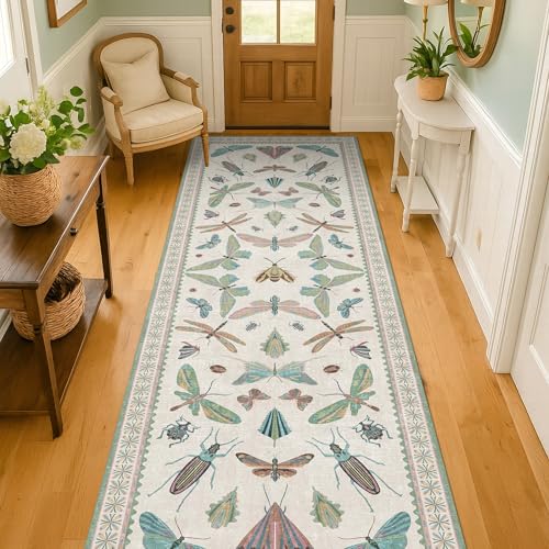 Image of Insect Print 8ft Long Hallway Runner Rug - 2'6''x8' Light Green Rug for Kitchen Floor, Wide Entryway Runner Rug, Washable Non Slip with Rubber Backing, Cool Butterfly Indoor Decor