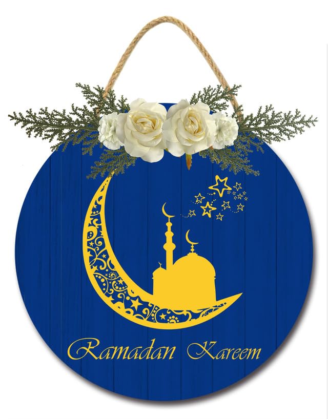 Bidesign Ramadan Kareem Decoration Hanging Ornament Wooden Welcome Sign Wreath For Front Door Porch Blue Gold Sign Islam Ramadan Mubarak Moon Home Wall Decor Eid Mubarak Party Supplies