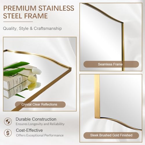 Image of ANDY STAR Gold Bathroom Mirror, 20 inchx30 inch Scalloped Wall Mirror in Stainless Steel Metal Frame, Unique Vanity Mirror with Modern Curved Edge Design, Ideal for Bathroom, Bedroom, Entryway