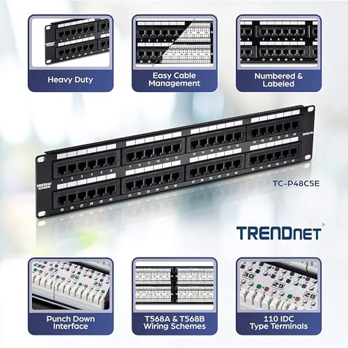 Image of TRENDnet 48-Port Cat5 /5e Unshielded Patch Panel, TC-P48C5E, 2U 19 inch Rackmount Design or Wall Mount, Cable Management, NDAA Compliant, 48 x Gigabit RJ-45 Ports