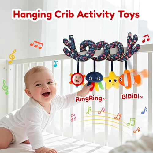 Image of TSYAN Ocean Theme Spiral Stroller Toy with Music & Mirror | Keep babies engaged on the go. Plush marine spiral toy features a safety mirror, musical sounds, and cute sea animals.