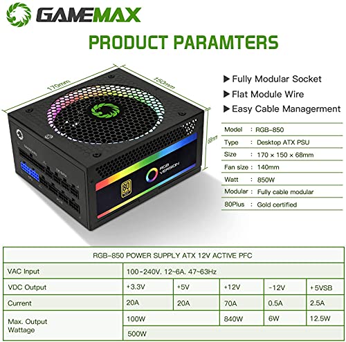Image of Power Supply 850W Fully Modular 80+ Gold Certified with RGB Light Mode