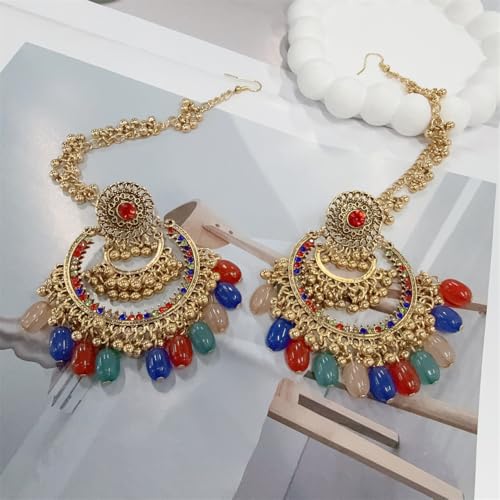 Colorful Beaded Indian Earrings for Women Gold Plated Cubic Zirconia Boho Tassel Dangle Earring Drop Chandelier Traditional Ethnic Gypsy Jewelry Bollywood Party Jhumka Festival Wedding Hair Accessory4
