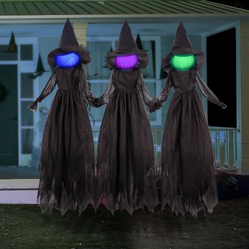 Image of JOYIN 3pcs Halloween Witch Decorations Outdoor, 5ft Spooky Hanging Ghost Animatronic Decor with Broomstick Light Up Props for Home Outside Yard Garden Lawn Porch Haunted House