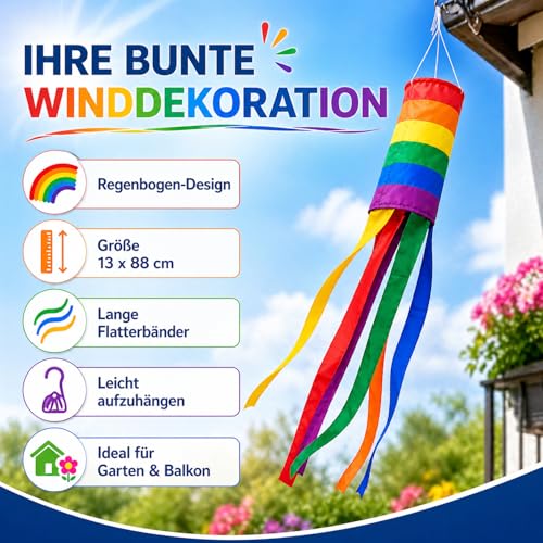 QZKJQDD Regenbogen Windsack, Windsack für Draußen, 88 x 13 cm, Winddicht und Regenfest, kann als Garten-, Balkon- oder Außendekoration Verwendet Werden