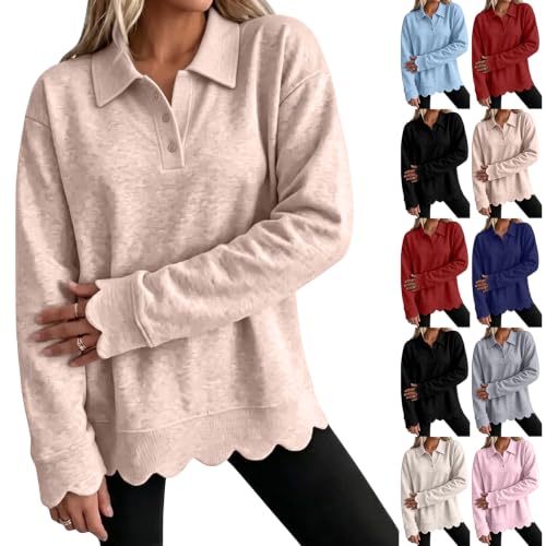 Scalloped Pullover Women Oversized 1/4 Button Henley Collar Fall Sweatshirt - image 1