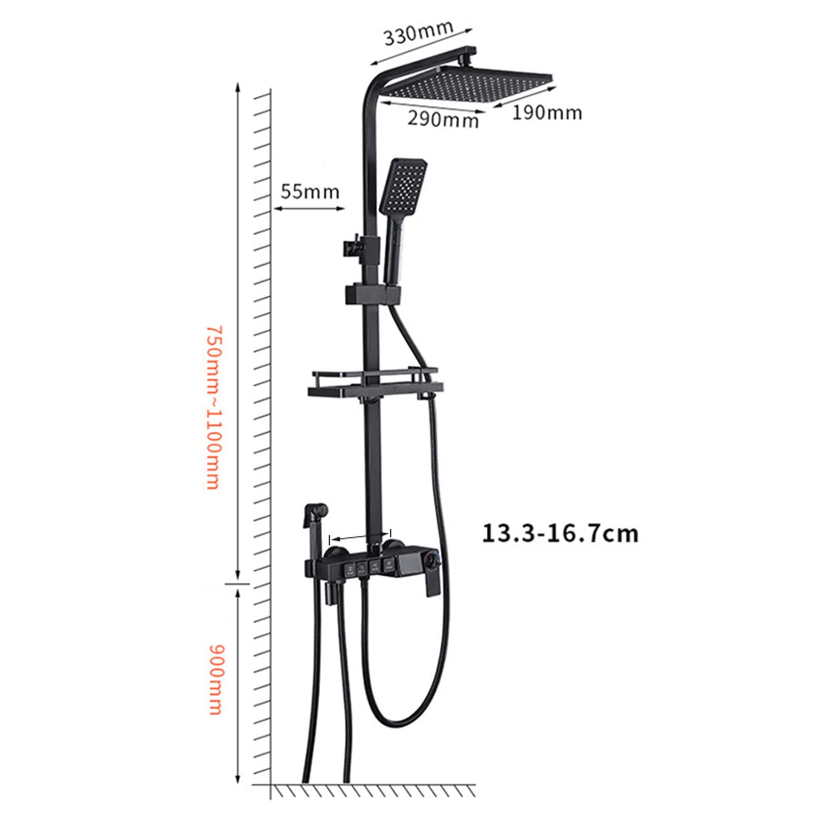 Doccia Nera, Set Rubinetto Doccia termostatico con Display Digitale, Miscelatore per Vasca, soffione Doccia a Pioggia, doccetta, doccetta Bidet, beccuccio per Vasca