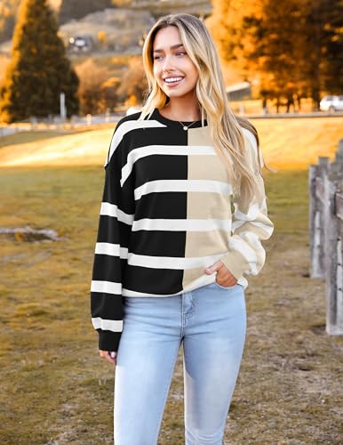 Image of Zeagoo Womens Striped Oversized Sweater 2025 Crew Neck Long Sleeve Knitted Color Block Casual Loose Pullover Top