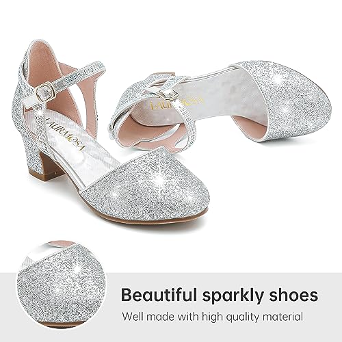 Image of LAURMOSA Girls Dress Shoes Closed Toe Pumps High Heels for Little Big Kid | Flower Shoes for Girls, 1.75-inch Chunky Heel, Ankle Strap, Closed Toe, Wedding, Party, Church, Graduation, First Communion