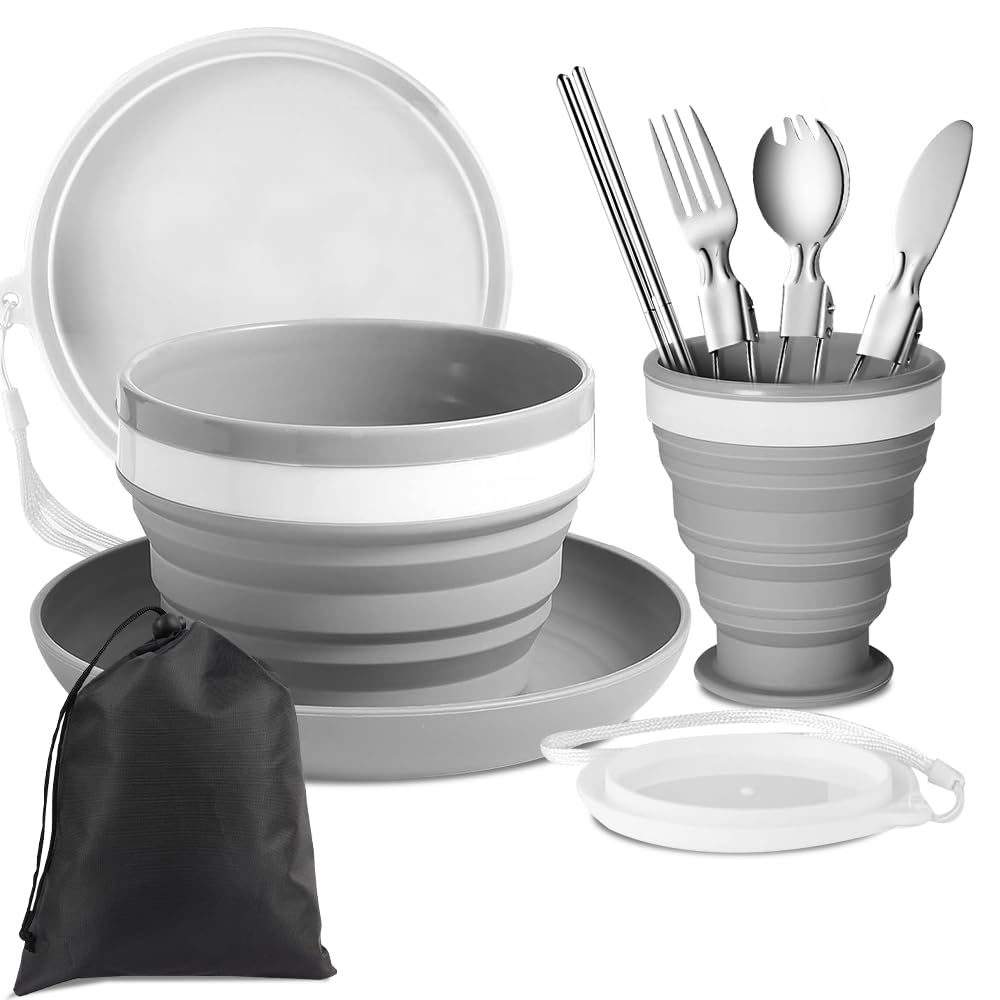 9PCS Camping Cutlery Set for 1, SGZIOO Folding Camping Plates and Bowls Set Includes Stainless Knife, Fork, Spoon and Chopsticks, Campinggeschirr 1 Person for Travel Outdoor Camping Hiking and Picnic