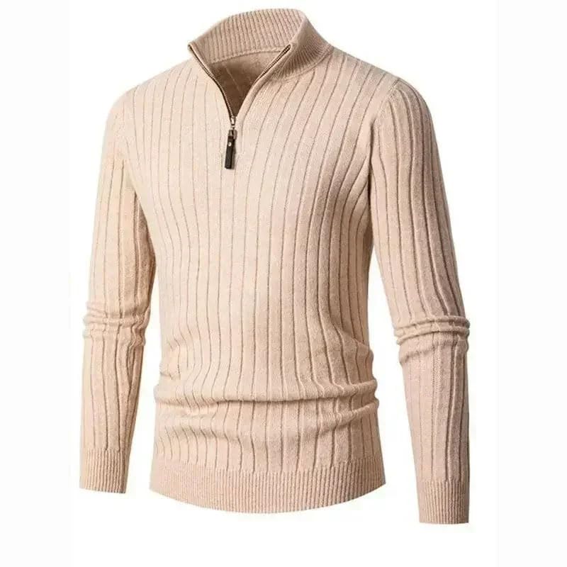 Men Turtleneck Sweater, Long-Sleeved Vertical Striped Half-Zip Base Layer Knitted Sweater3