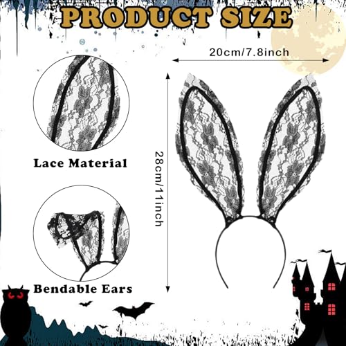 QIZHIQIAMY Hasenohren Haarreif Schwarz Spitze Halloween Hasen Ohren Haarreif Black Bunny Ears Kostüm für Erwachsene Halloween, Karneval Hasenohren Kostüm Accessoires