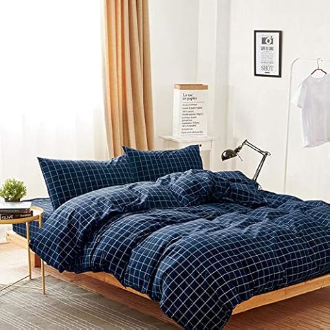 Wake In Cloud - Navy Grid Duvet Cover Set, 100% Washed Cotton Bedding, Navy Blue with White Grid Plaid Geometric Pattern Printed, with Zipper Closure (3pcs, Queen Size) Cover