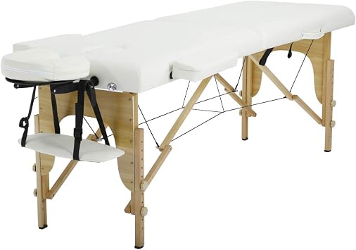 Dkeli Portable Massage Table Spa Bed Folding 84 Inch Height Adjustable 2 Fold Massage Bed with Carry Case PU Leather Professional Facial Salon Tattoo Bed with Face Cradle, Hold Up to 450Lbs, Cream