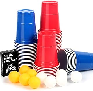 Upchase Beer Pong Set, Red Plastic Party Cups (100+10+ Card Game), Red and Blue Cups 16oz/473ML, Perfect for Birthday, Wedding, Christmas Fun Games