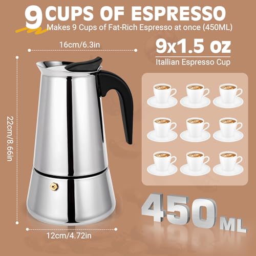 Image of Moka Pot, 9 Cups (15.9 oz) Stovetop Espresso Maker, 304 Stainless Steel Moka Pot, Induction Compatible, Silver