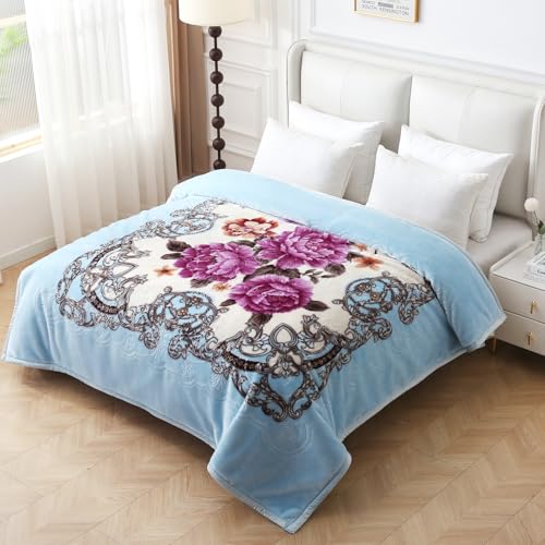 Image of JYK Korean Mink Fleece Blanket King Size 83'' x 91'', 5.7 Pounds - 2 Ply Reversible Silky Soft Plush Warm, Comfy Bed Blanket, Luxurious Blanket for All Seasons - Blue /Purple Peony