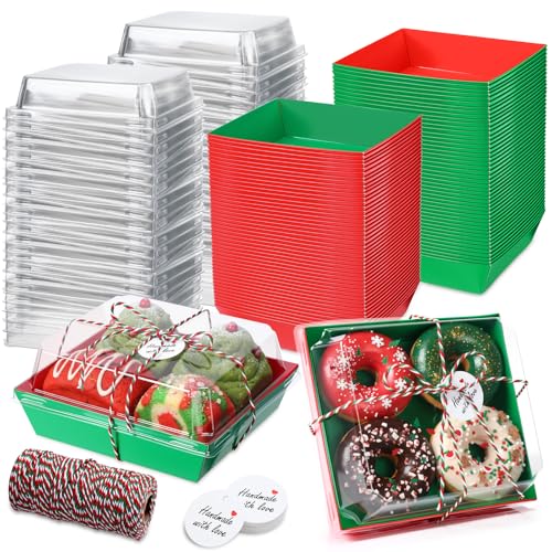 Image of Outus 100 Pack Charcuterie Boxes with Clear Lids, 5.7 x 5.1 '', Mother 's Day Back to School Paper Food Containers Cake Take out Bakery Boxes with Gift Tags Rope for Desserts(Green,Red,Christmas)