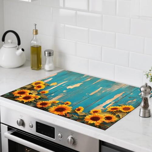 Image of Nuxovilar Wood Sunflower Stove Cover Diatom Mud 28.35x20.47 In | Glass Protector Countertop Mat Counter Saver Cooktop Cover Kitchen Cooking Area Home Decor (Rustic Blue Wood)