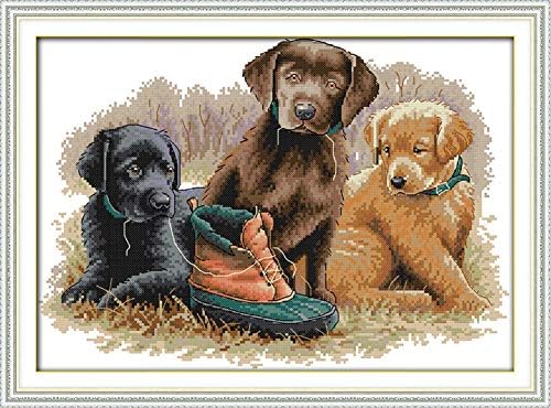 Full Range of Stamped Cross Stitch Kits 11 CT, 100% Cotton DIY Embroidery Starter Kits DIY Needlework for Beginners Kids Adults(Three Dogs 21.3'' x 15.8'' )