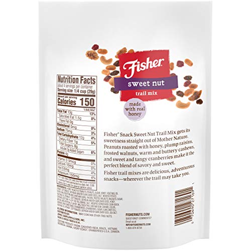 Fisher Snack Sweet Nut Trail Mix, 4 Ounces (Pack of 6), Honey Roasted Peanuts, Raisins, Frosted Walnuts, Cashews, Dried Sweetened Cranberries