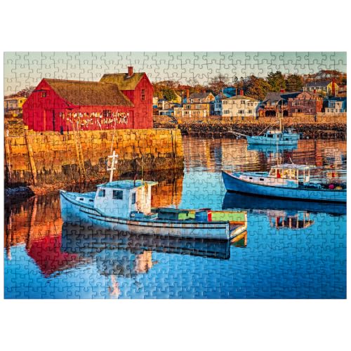 Rockport Harbor in Massachusetts with Its Lobster Boats and Village Reflect in The Still Waters of The Day. The Colors Give The Town A Nostalgic Feel - Premium 500 Piece Jigsaw Puzzle for Adults