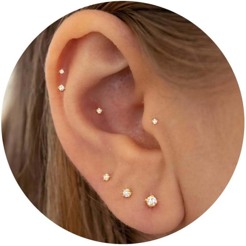 16G/18G/20G Tiny CZ Stud Earrings, Gold Flat Back Earrings, Threadless Cartilage Tragus Piercing Conch Stud Nose Helix Stud