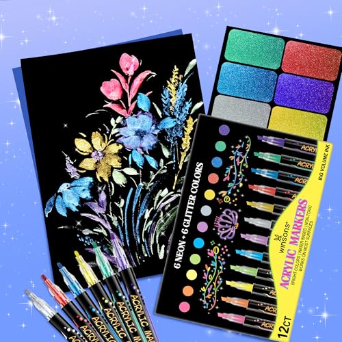 12 Colors Acrylic Paint Markers, 6 Glitter & 6 Neon Fluorescent Pens, Innovative Light-Valve Tech for Instant Flow, Fine Chisel Tip Paint Pens for Journaling, Rock Painting, Cards & DIY Projects by WINSONS - Image 4