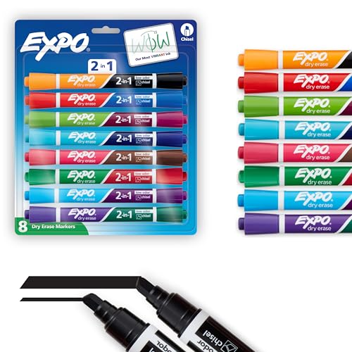 EXPO Dry Erase 2-in-1 Markers, Chisel Tip, Assorted Colors, 8 Count - Whiteboard, School, Classroom, Teacher Supplies