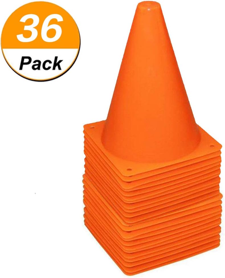 36 Pack 7 Inch Plastic Traffic Cones Sport Training Cone Sets Field Marker Cones for Skate Soccer Agility Training & Physical Education Flexible