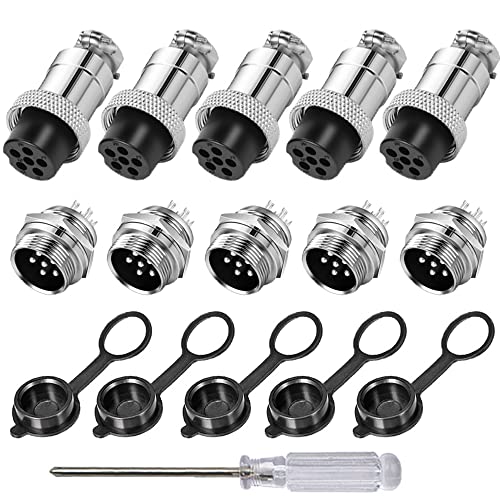 Aiqeer 5 Stück 6-Polig GX16 Aviation Stecker, 16 mm Gewinde Metall Luftfahrt Kabelverbinder, 5A Männlich Weiblich Luftfahrt Stecker Steckdose Kit, mit Gummikappe Cover