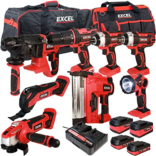 Excel 18V 8 Piece Cordless Li-ion Power Tool Kit with 4 x Batteries & Charger in Bag EXL9025 - Monster Power Tool Kit - Combo Kit - 18V Cordless Power Tool Kits - Mega Power Tool