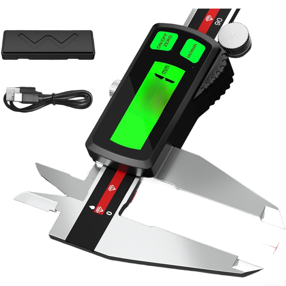 Calibrador electrónico Vernier de acero inoxidable recargable para pantalla LCD grande, luz verde, precisión de 0,03 mm, regla de metal de 150 mm para taller (0-300 mm)