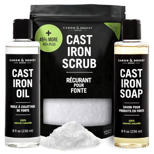 Image of CARON & DOUCET - New Ultimate Cast Iron Set: Seasoning Oil, Cleaning Soap & Restoring Scrub | 100% Plant-Based & Best for Cleaning Care, Washing, Restoring & Seasoning Skillets, Pans & Grills!