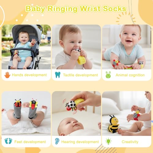Image of SNOWIE SOFT Rattle Set for Babies 0-6 Months, Baby Socks and Wristband Rattle Toy Set, Cartoon Fun Cotton Socks with Cartoon Plush Rattles Toy for New Born Baby Gifts