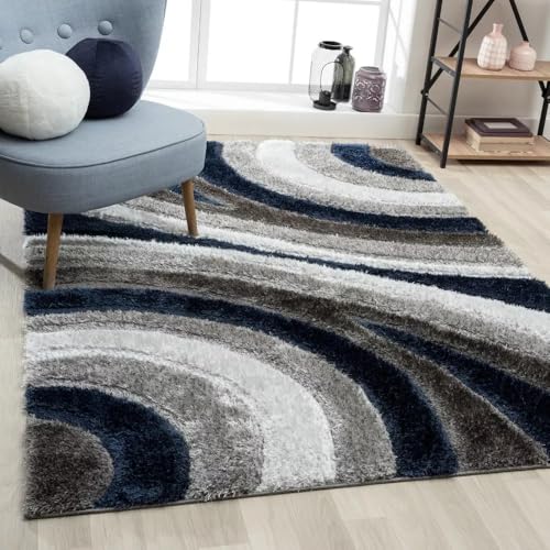 Image of Soft Shaggy Carpet 5x8 Feet - Ultra Plush, Non-Slip, High Pile 2 Inch Microfiber Rug for Bedroom, Living Room, Kids Room & Office - Modern Cozy Floor D�cor (Blue White C)