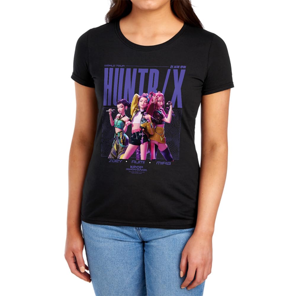 Kpop Demon Hunters Huntrix Honmoon World Tour Poster Womens T Shirt, Black, L
