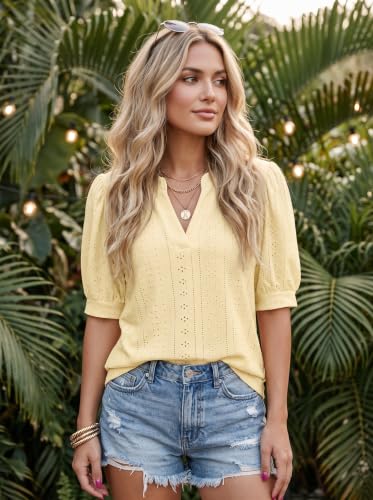 Image of Dokotoo Womens Blouses V Neck Puff Short Sleeve Business Casual Tops