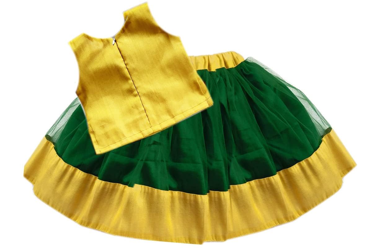 Stanwells Kids GirlsLehnga Choli Net Flared Ruffle Pattern Dress Sleeveless Beautiful Ethnic Beautiful Flower Traditional Full Length Girl Lehnga Choli(Green & Yellow)(4-5 Years) 1