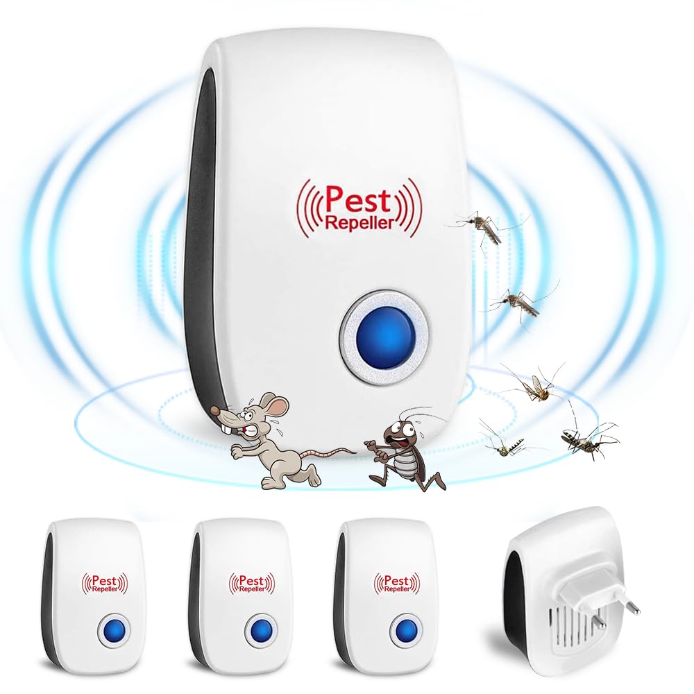 Repelente Ultrasónico de Plagas, 4 Pack Pest Reject, Ultrasónico Repelente Cucarachas, Ahuyentador de Ratas para Anti Mosquitos, Moscas, Ratones, Cucarachas, Arañas, Roedores