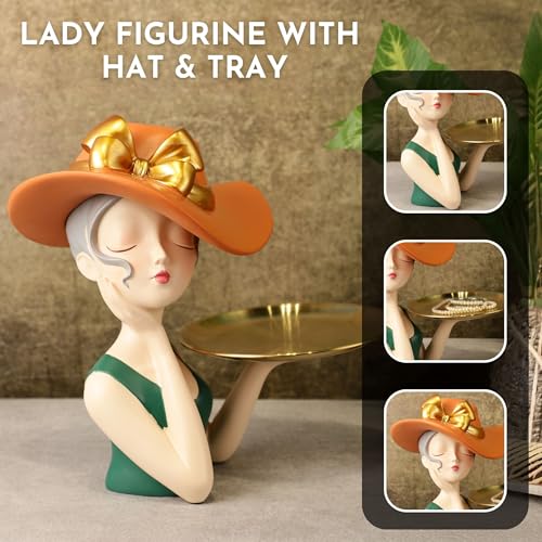 Image of ARMONIA Modern Decorative Sculpture with Detachable Gold Color Tray, Designed by European Designer, Orange Hat and Green Dress