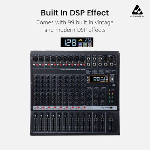 Image of Audio Array AM-Mix10 10-Channel Hybrid USB Mixer with10 Analog+2 Digital Inputs, 48kHz /16-Bit DSP, Phantom Power, USB-C Powered, AUX Sends, Built-In FX, Balanced XLR Outputs for Live, Studio & Podcast