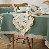 Pastoral Style Baumwolle und Leinen Tischläufer, Vogel Blume Green Leaf Printing mit Quasten für Familienessen Esstisch Küchentisch Thanksgiving Weihnachten Tischläufer 33x220cm